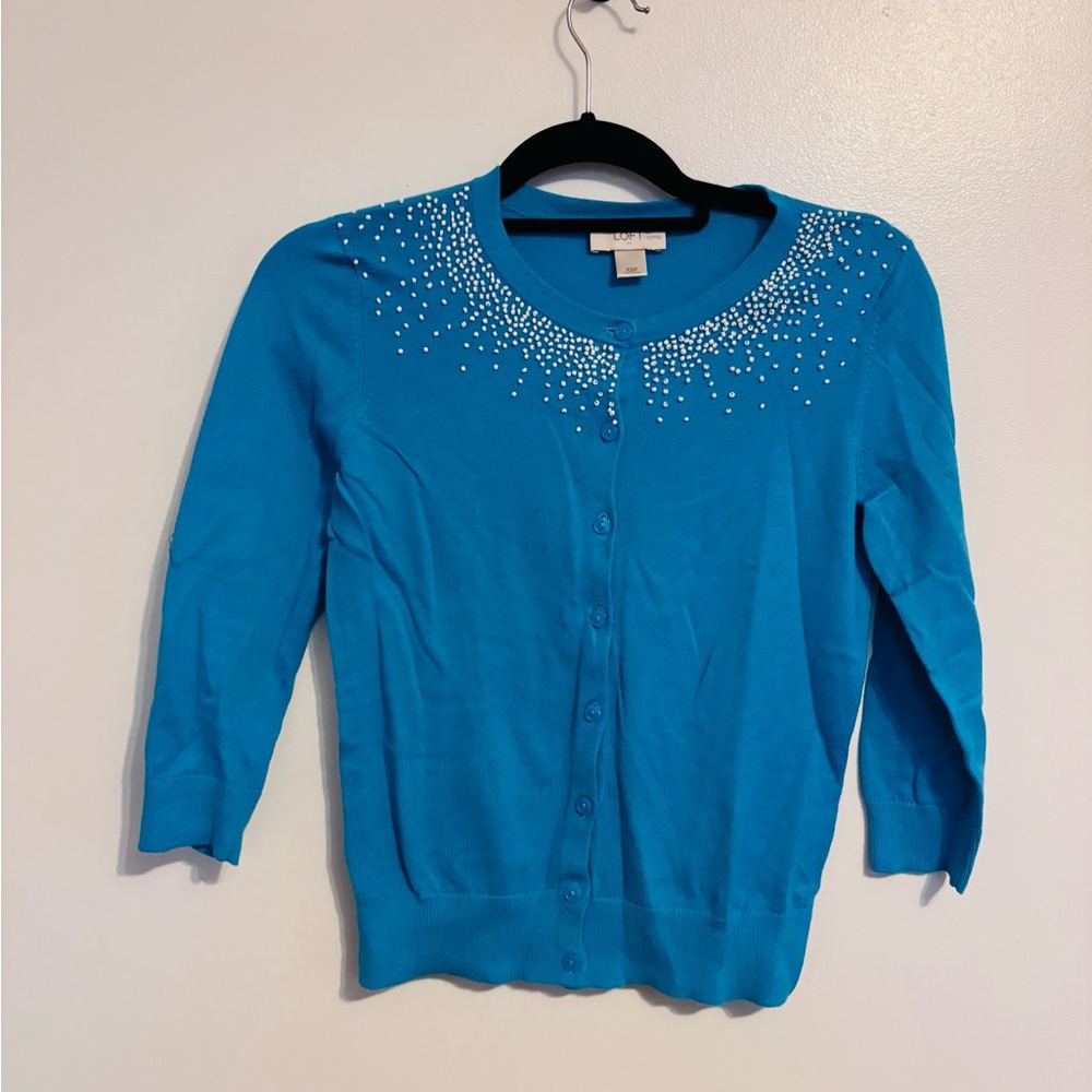 Loft blue light weight cardigan with beaded neckline size xs petite